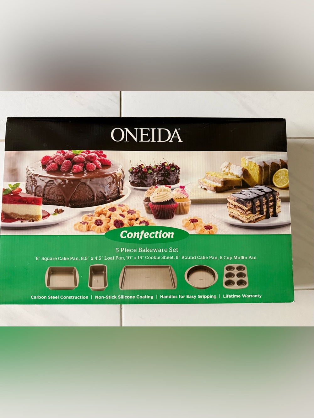 Oneida Confection 5-Piece Bakeware Set - Green & Black Box NWOT